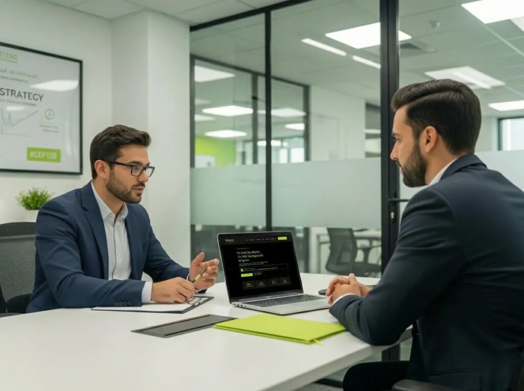 Two professionals discussing IT and software strategy in a modern UAE office during a business consultation meeting
