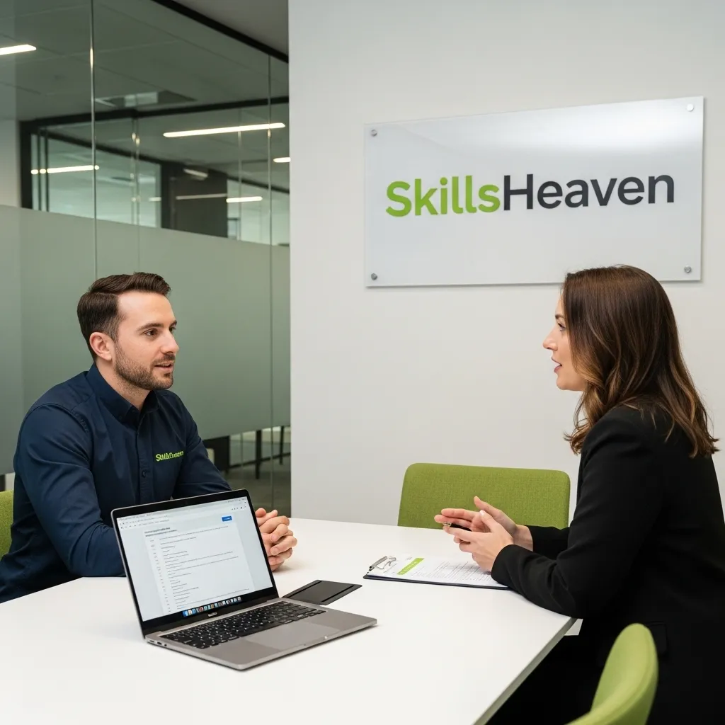 Physiotherapy clinic owner meeting with SkillsHeaven consultant in a modern office to discuss strategy and online growth about seo for physiotherapy clinics in uae