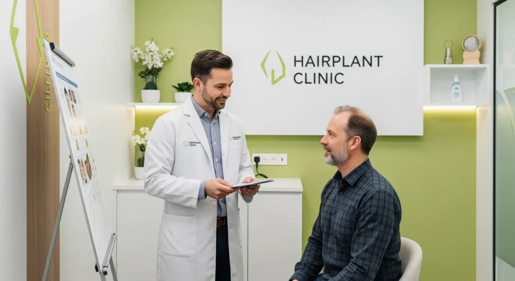 A smiling male doctor in a white lab coat consulting with a patient at a modern hair transplant clinic; the doctor is holding a tablet while explaining a procedure next to a treatment chart on a whiteboard, in a professional medical office with soft green wall accents.