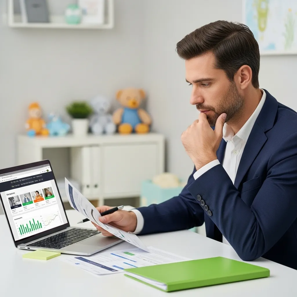 Pediatric clinic owner comparing SEO agency options on laptop and documents with a sticky note during decision making in office