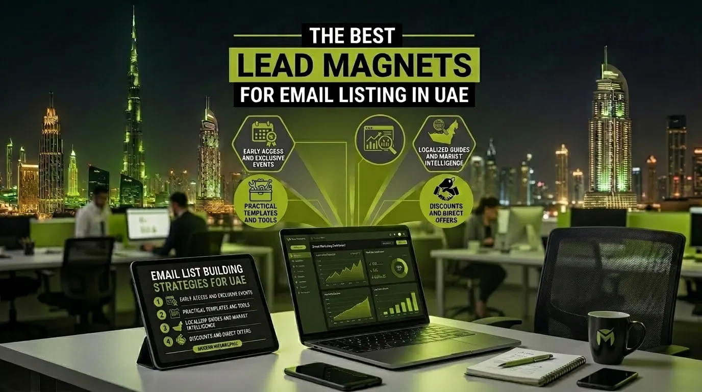 Infographic of email list building in UAE: laptop and tablet in a Dubai office showing lead magnet icons and strategies.