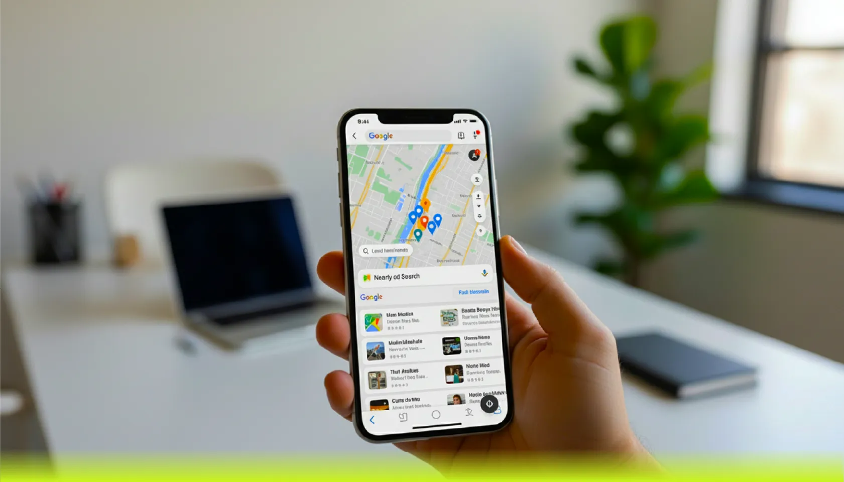 holding a smartphone displaying Google Maps with multiple location pins and nearby search results, with a blurred desk, laptop, and plant in the background