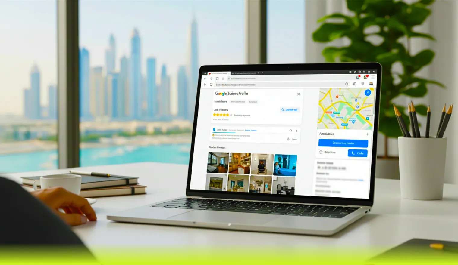 A laptop on a desk displaying a Google Business profile page, with a blurred city skyline visible through a window in the background.