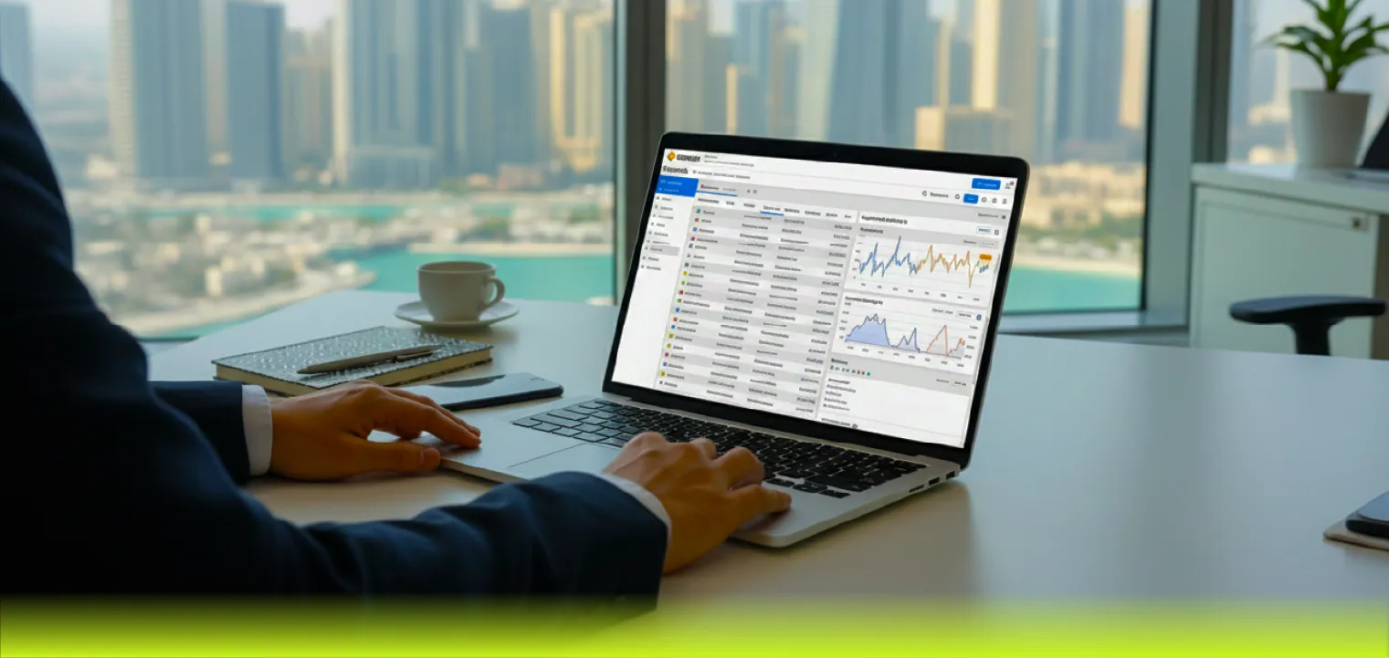 A professional using a laptop displaying a digital analytics dashboard with charts and data tables, seated at a desk in a high-rise office overlooking a city skyline