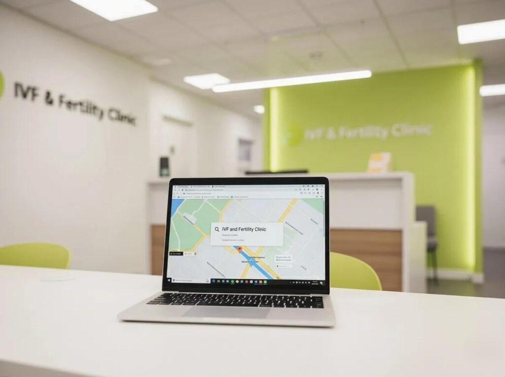Laptop on a clinic desk showing Google Maps search for IVF and fertility clinic location in a modern medical office represent SEO for IVF and Fertility Clinics in UAE