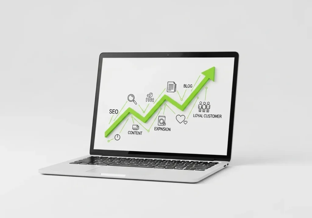 A laptop screen displaying a Long-Term Digital Growth Strategy in UAE through a rising green 3D arrow connecting SEO, content marketing, blogs, and loyal customer acquisition icons.