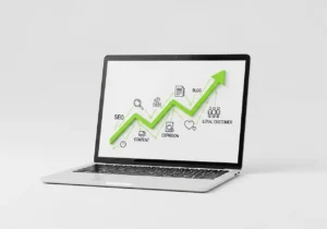 A laptop screen displaying a Long-Term Digital Growth Strategy in UAE through a rising green 3D arrow connecting SEO, content marketing, blogs, and loyal customer acquisition icons.