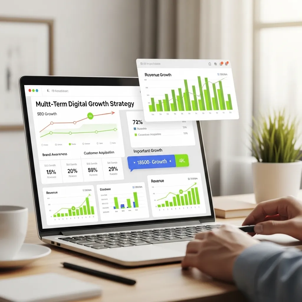 A laptop screen displaying a comprehensive dashboard for a Long-Term Digital Growth Strategy in UAE, featuring analytics for SEO growth, brand awareness, customer acquisition, and revenue charts.