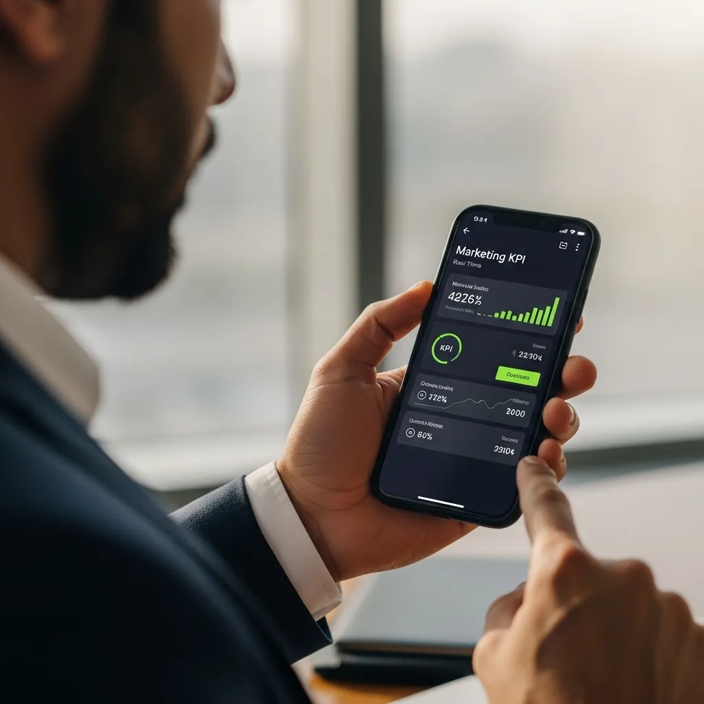 A close-up of a businessman using a smartphone to monitor Marketing KPIs on a dark-themed mobile app, featuring green growth analytics and performance charts.