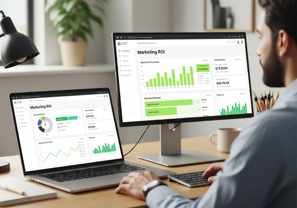 Business professional in UAE analyzing marketing ROI dashboards on desktop and laptop with charts showing revenue, campaign performance, and analytics data
