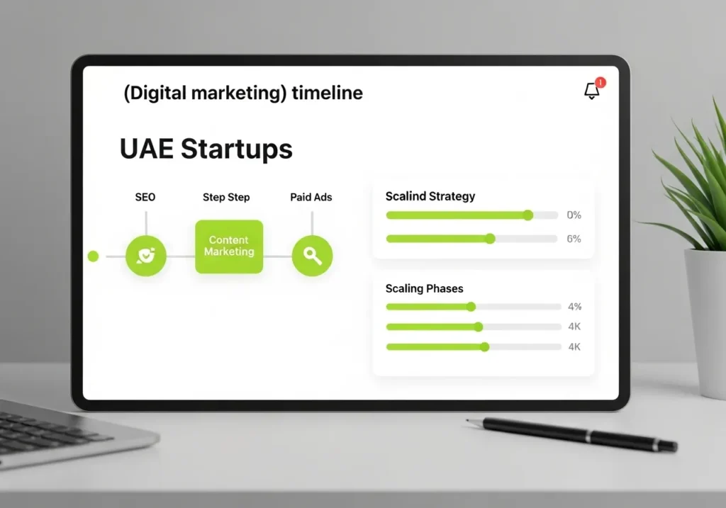 A digital marketing roadmap for UAE startups displayed on a screen, illustrating a timeline with SEO, content marketing, and paid ads along with scaling strategy metrics.