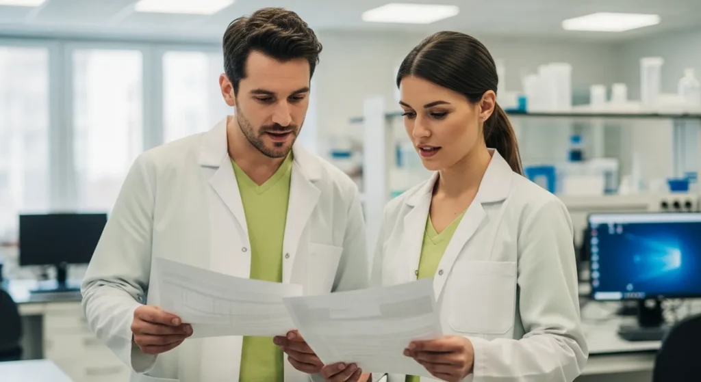 A professional male and female laboratory team in white coats and  scrubs reviewing medical test reports in a modern clinical setting; showcasing a collaborative environment for diagnostic accuracy