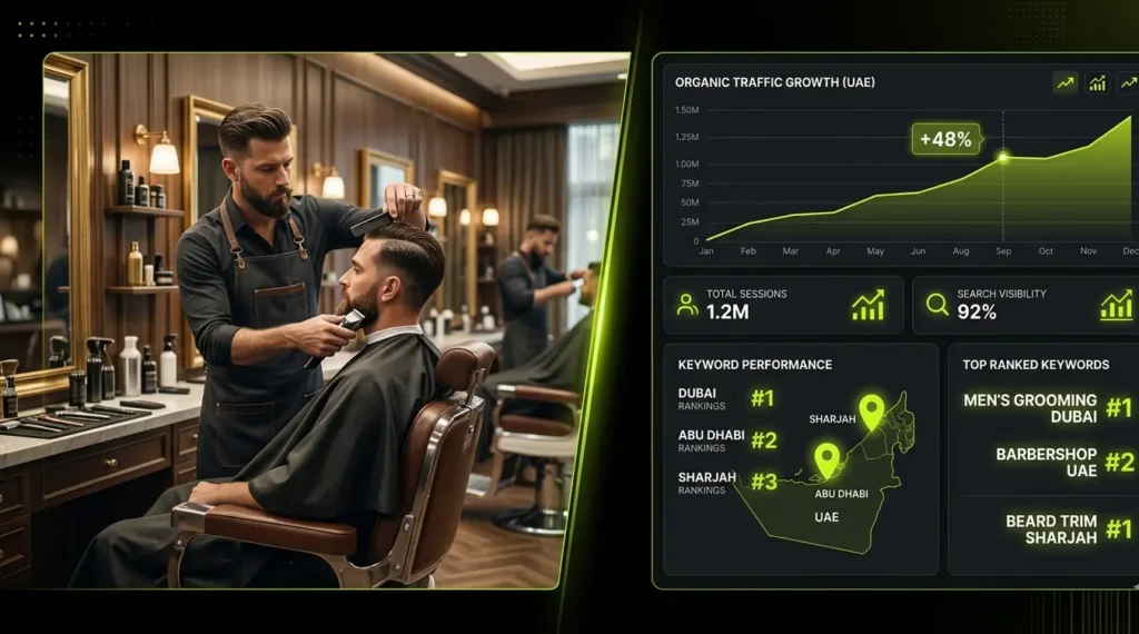 SEO strategy for men’s grooming salons in Dubai UAE showing barbershop scene and digital search ranking growth