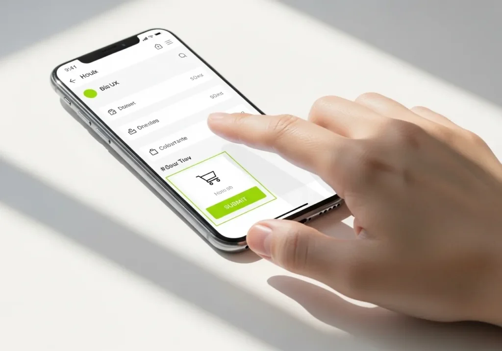 Mobile app interface par finger tap karta hua user smartphone screen par checkout submit button use karte hue