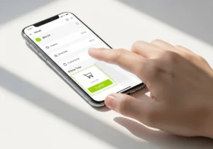 Mobile app interface par finger tap karta hua user smartphone screen par checkout submit button use karte hue