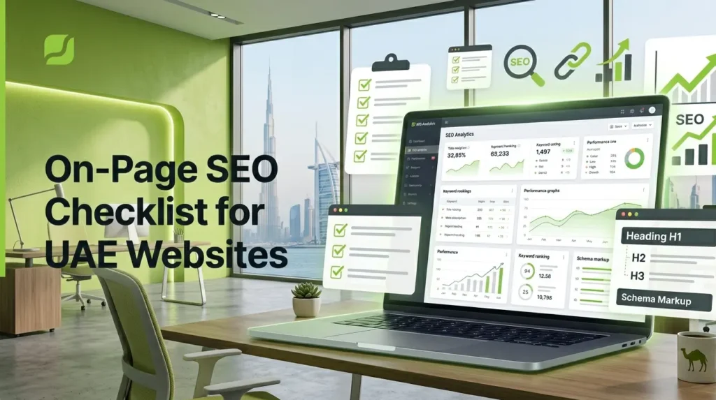On-Page SEO Checklist for UAE Websites showing SEO optimization elements, analytics dashboard, keyword ranking, and checklist icons in a modern digital marketing workspace