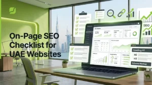 On-Page SEO Checklist for UAE Websites showing SEO optimization elements, analytics dashboard, keyword ranking, and checklist icons in a modern digital marketing workspace