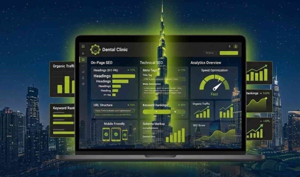 Modern flat-style illustration showing on-page SEO and technical optimization for a dental clinic website, including headings, meta tags, URL structure, mobile responsiveness, speed optimization, schema markup, and ranking growth indicators.