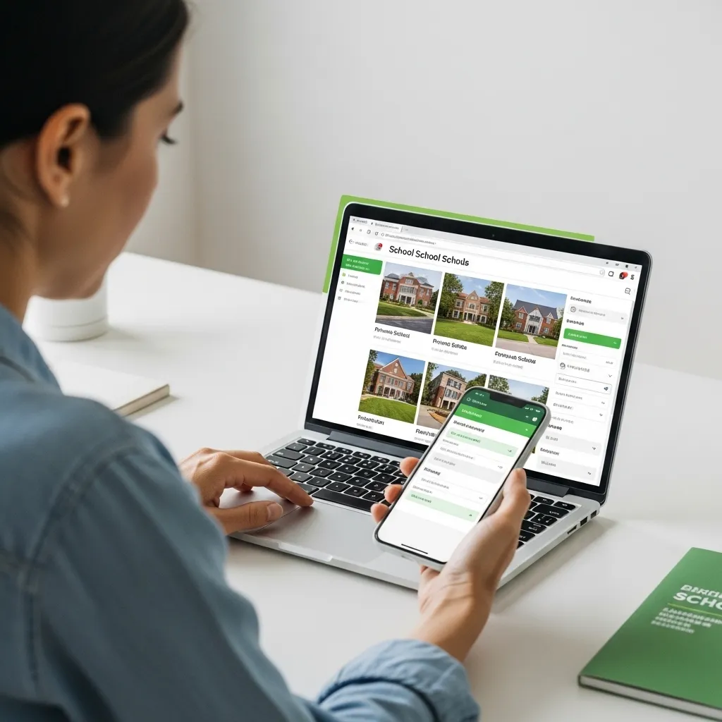 Parent using laptop and mobile to search and compare private schools in UAE across different languages as part of SEO for private schools in UAE research journey in a modern home setting