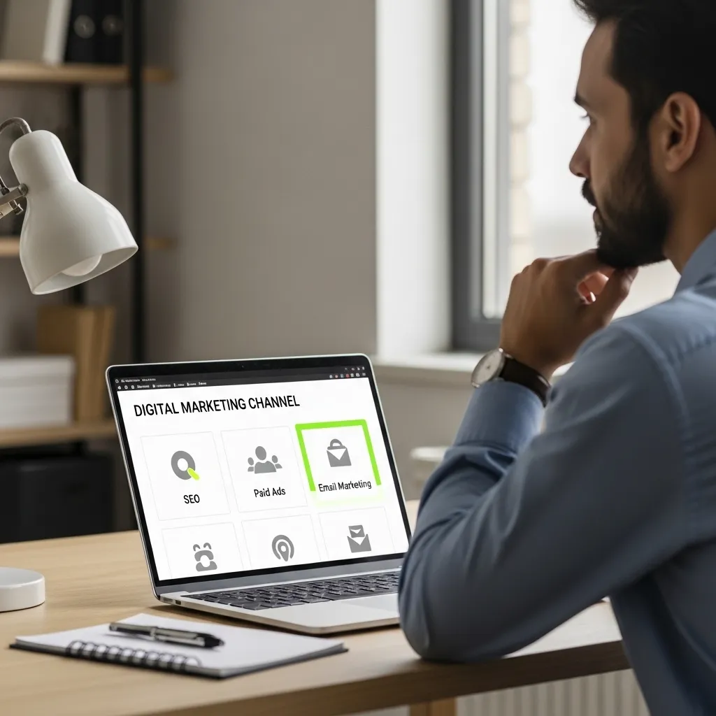 Right marketing channels selection concept showing a businessman analyzing digital marketing options like SEO, paid ads, and email marketing on a laptop screen, highlighting the importance of choosing the right marketing channel for business growth.