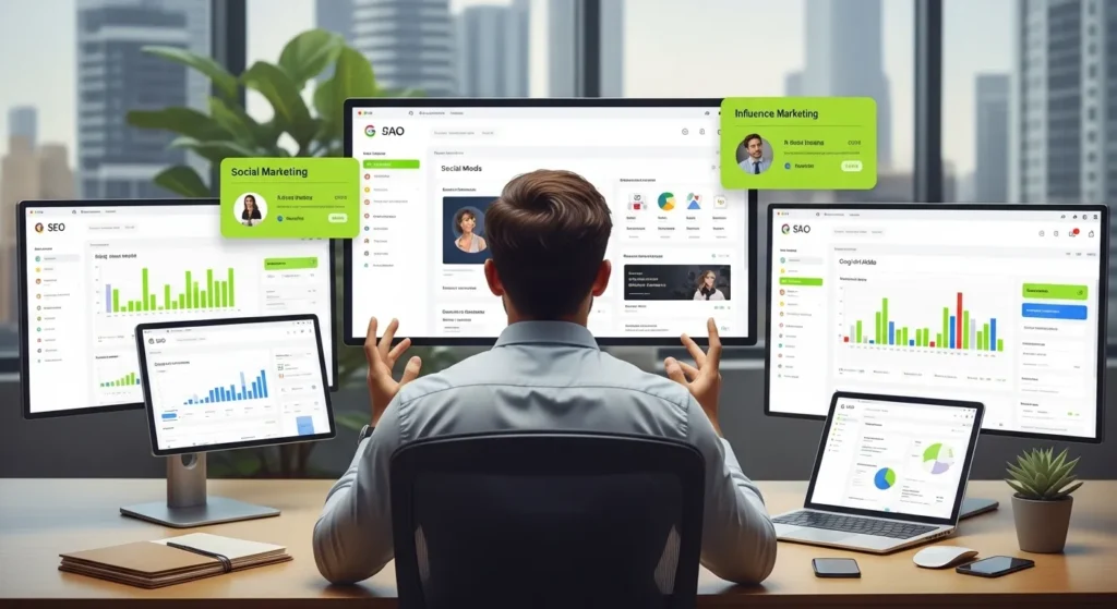 Digital marketing professional analyzing multiple dashboards on different screens showing SEO, social media marketing, influencer marketing, and analytics, representing selection of the right marketing channels for business growth in a modern office setup.