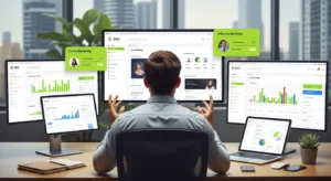 Digital marketing professional analyzing multiple dashboards on different screens showing SEO, social media marketing, influencer marketing, and analytics, representing selection of the right marketing channels for business growth in a modern office setup.