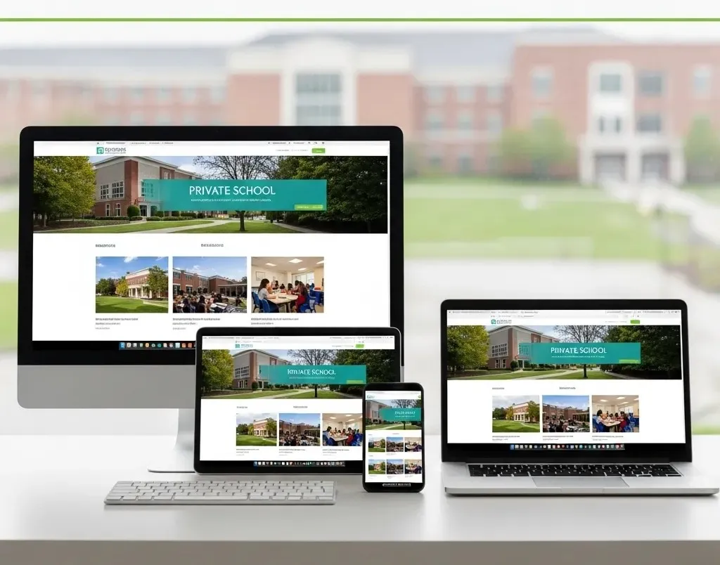 Desktop, laptop, tablet and mobile showing private school website in UAE with campus background illustrating SEO for private schools in UAE digital presence across devices