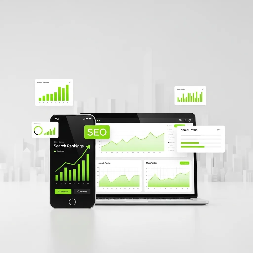 SEO dashboard showing analytics charts on laptop and mobile screen for UAE startups growth and website performance