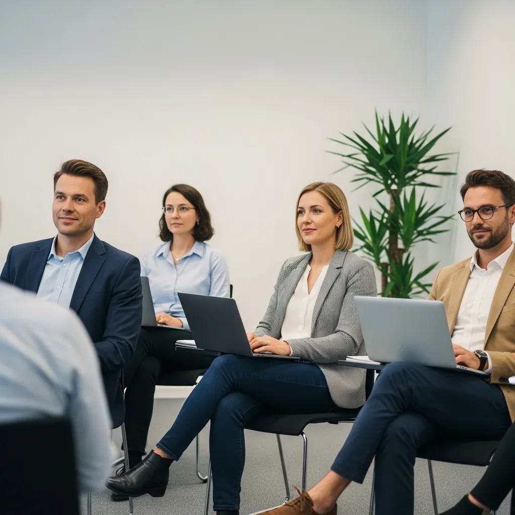 Professionals sitting and listening attentively during an SEO for corporate training in UAE session in a modern office training room