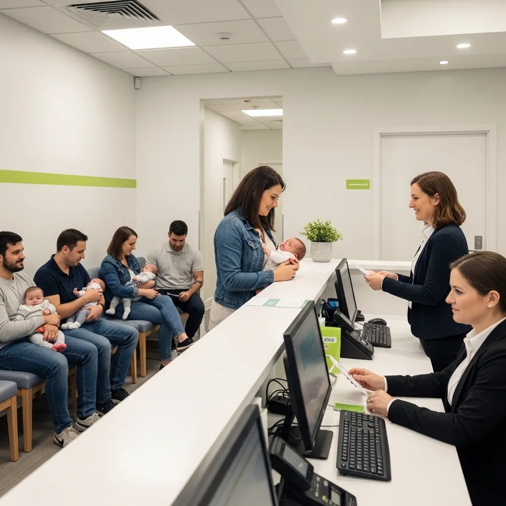Parents with babies waiting and checking in at pediatric clinic reception in a modern healthcare environment