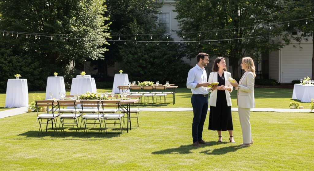 A team of three professional event coordinators discussing logistics at a sunlit outdoor garden venue with elegant white tables