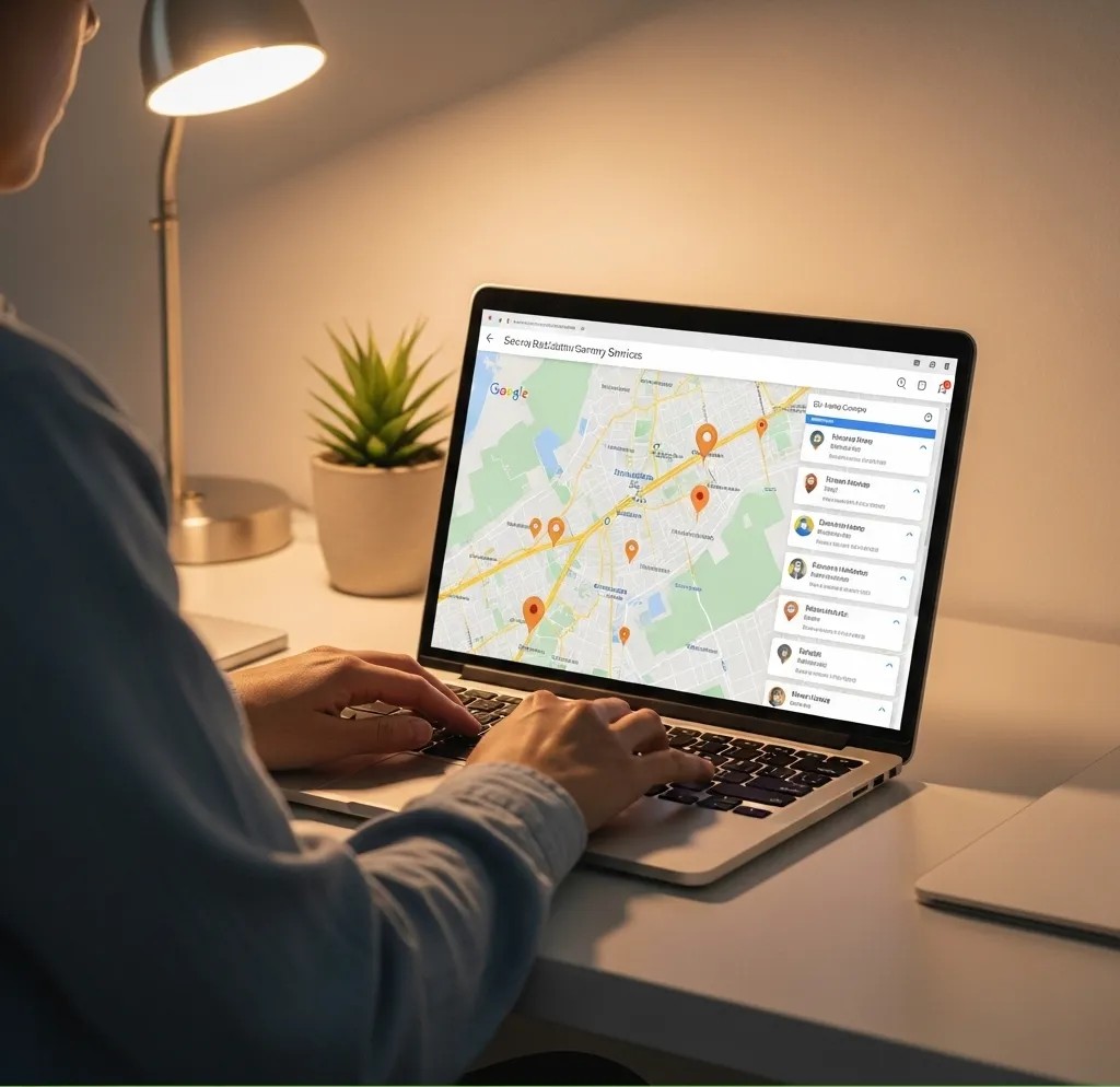 Person using a laptop with Google Maps for SEO for moving companies in UAE, analyzing local business locations and search visibility.