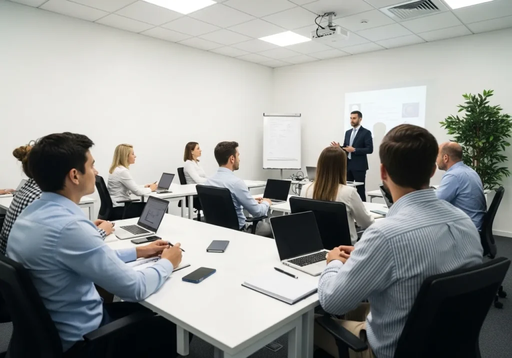 Professionals attending a corporate training session in a classroom with a trainer presenting at the front