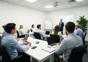Professionals attending a corporate training session in a classroom with a trainer presenting at the front