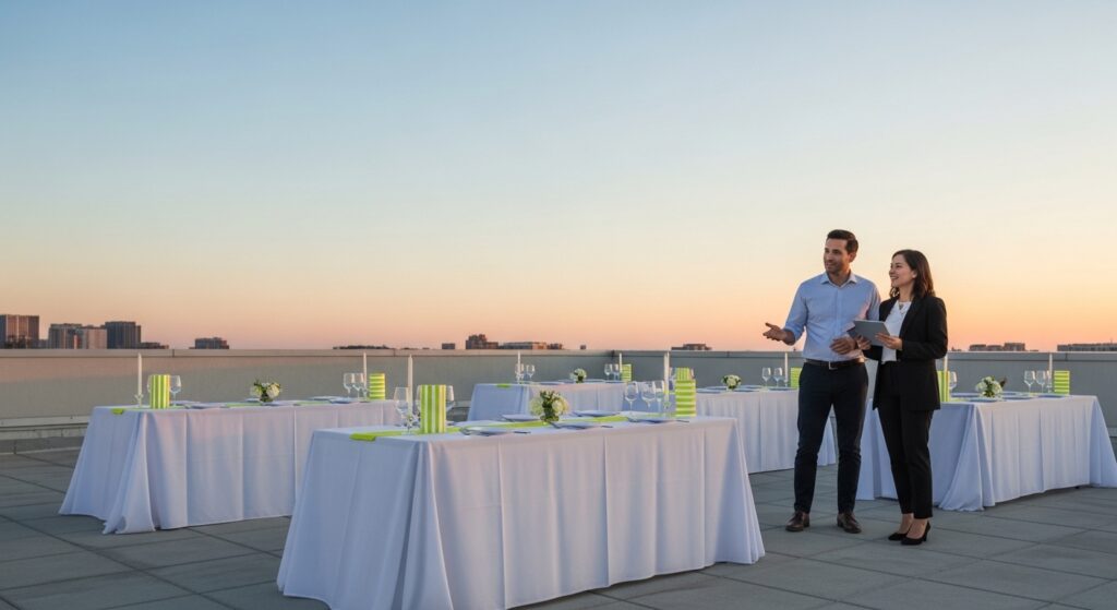 Two professionals from event management companies in uae discussing event setup arrangements at a rooftop venue with decorated tables during sunset
