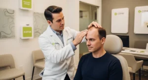 Doctor consulting a male patient with thinning hair in a modern hair transplant clinic in UAE, professional medical consultation scene