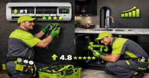 SEO for home maintenance services in UAE showing Dubai skyline with technicians repairing AC and plumbing, representing local SEO ranking and lead generation