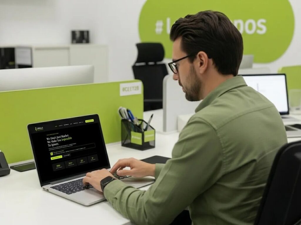 A male professional in a green shirt and glasses working on a laptop in search of SEO for IT & Software Companies in UAE at a white office desk with lime green partitions. The laptop screen displays a dark-themed digital marketing website with the heading "We Don't Just Market. We Make You Impossible To Ignore."