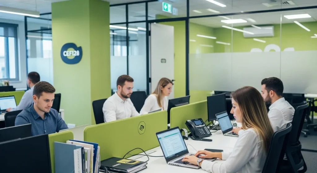 Professionals working on laptops in a modern IT and software company office environment with a clean and organized workspace