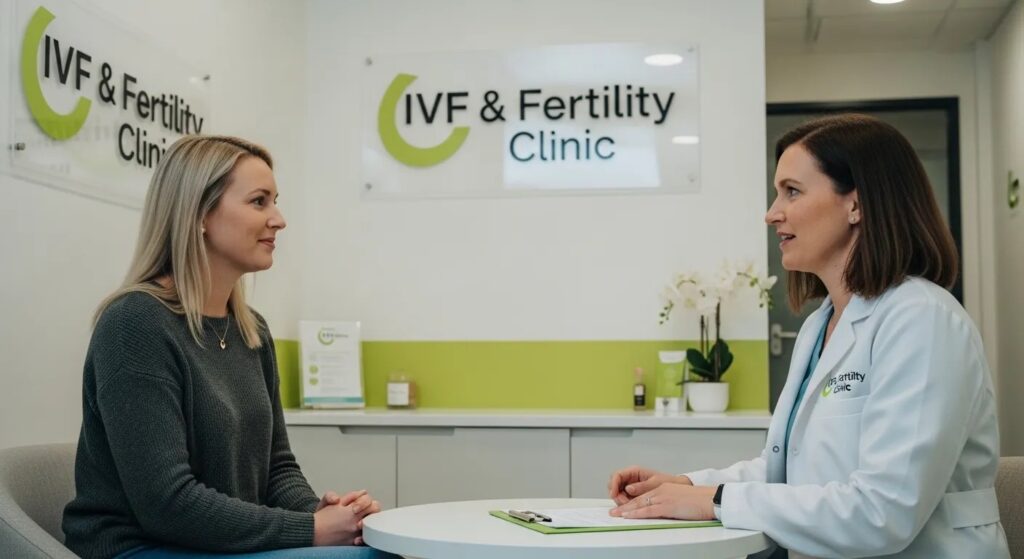 Doctor consulting with a patient about fertility treatment in a modern IVF clinic environment.