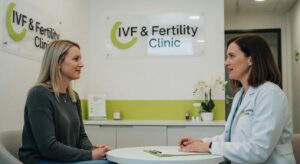 Doctor consulting with a patient about fertility treatment in a modern IVF clinic environment.