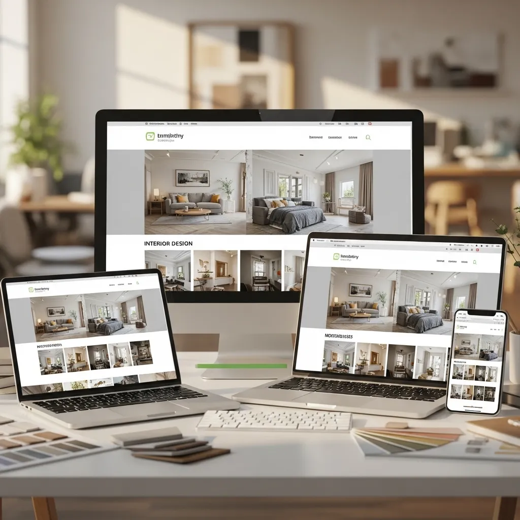 Responsive interior design website showcased across desktop monitor, laptops, tablet, and smartphone, with design samples and color swatches on a workspace desk