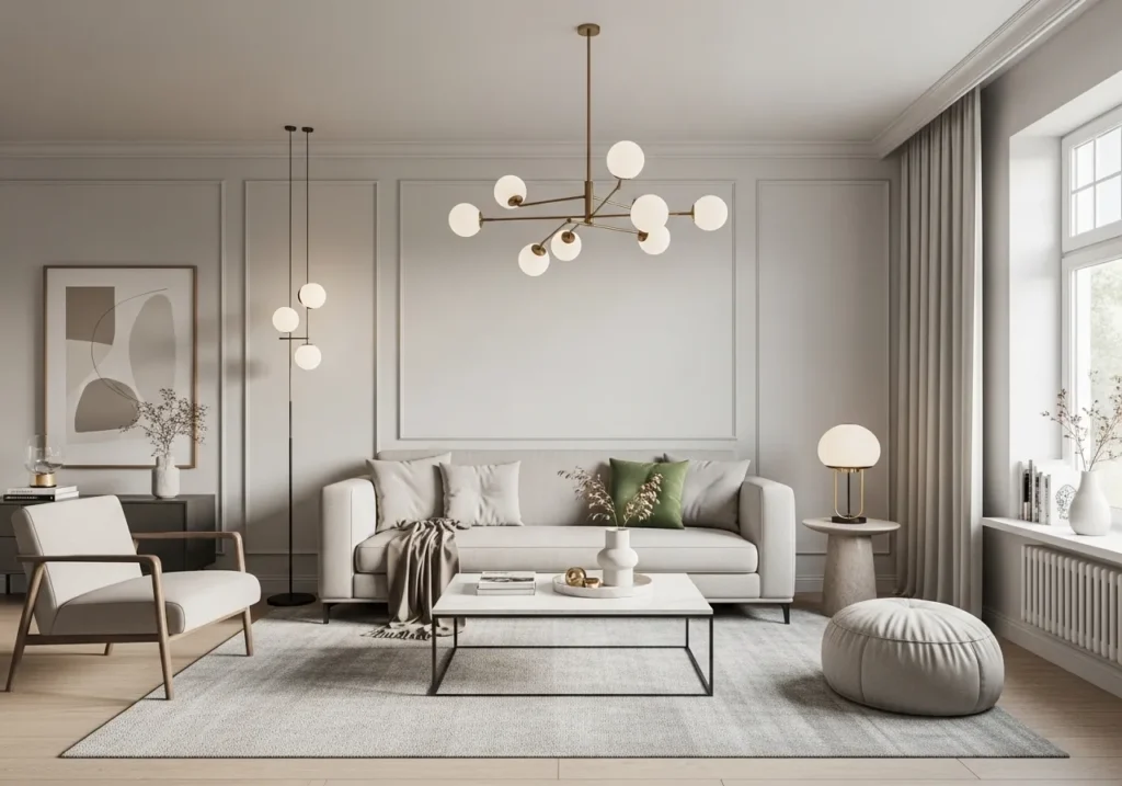 A modern minimalist living room featuring a neutral-toned sofa, coffee table, armchair, decorative lighting fixtures, and soft natural light from a large window