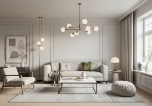 A modern minimalist living room featuring a neutral-toned sofa, coffee table, armchair, decorative lighting fixtures, and soft natural light from a large window