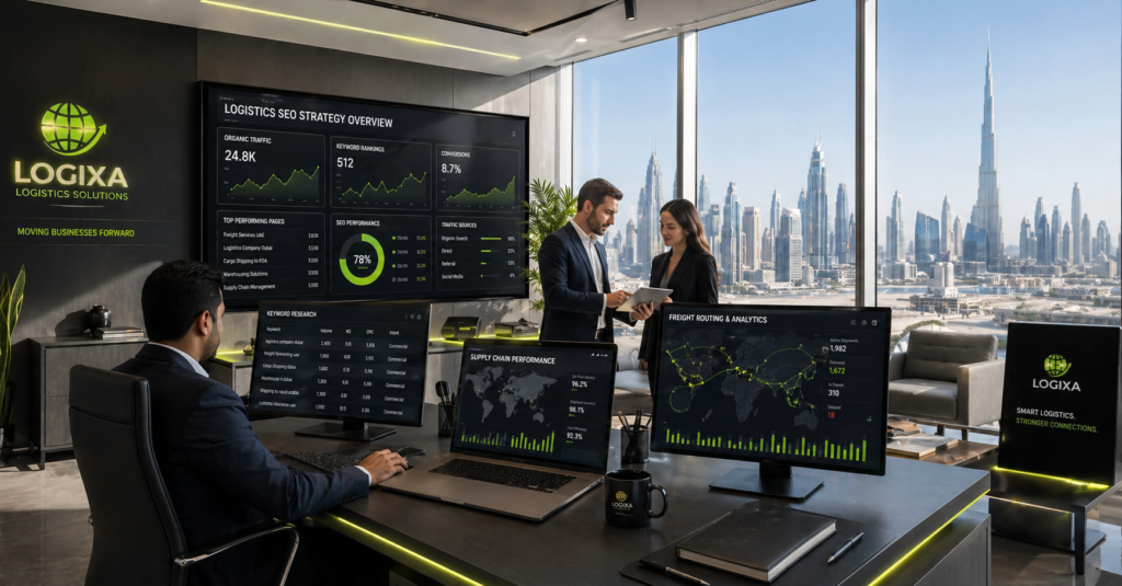 SEO for logistics companies in UAE showing modern office with keyword research and freight analytics dashboards in digital marketing workspace