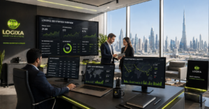SEO for logistics companies in UAE showing modern office with keyword research and freight analytics dashboards in digital marketing workspace