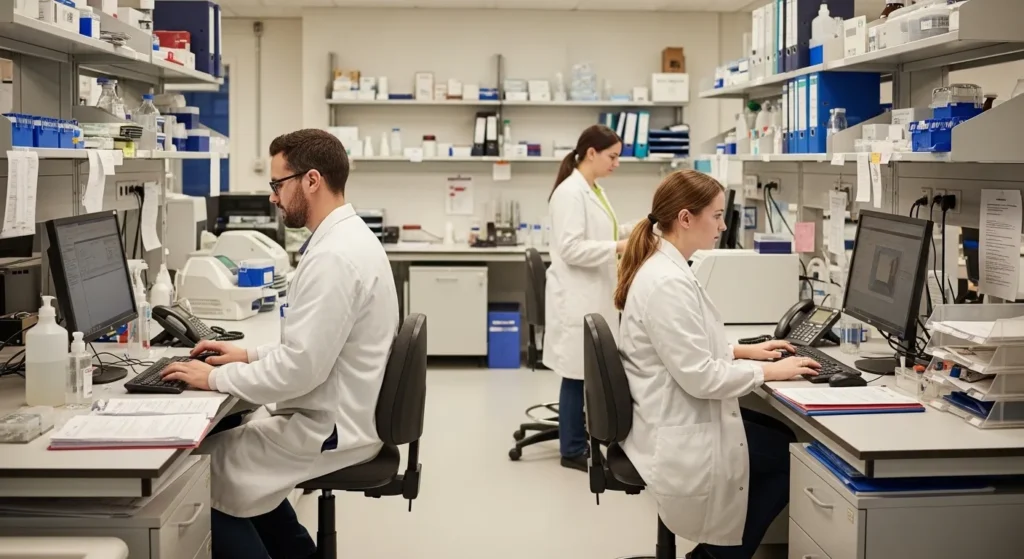 Two lab technicians working in a modern medical laboratory with computers and files, professional healthcare environment, SEO for medical laboratories in UAE concept image