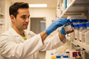 A male laboratory professional in a white lab coat and blue protective gloves carefully examining a sample bottle taken from a shelf; the lab environment is clean and organized with various medical containers and bright, professional lighting.