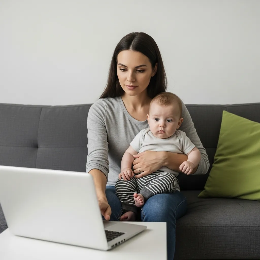 Mother holding baby and searching pediatric clinics online with SEO for pediatric clinic in UAE on laptop while sitting on sofa with a green cushion in a modern home setting