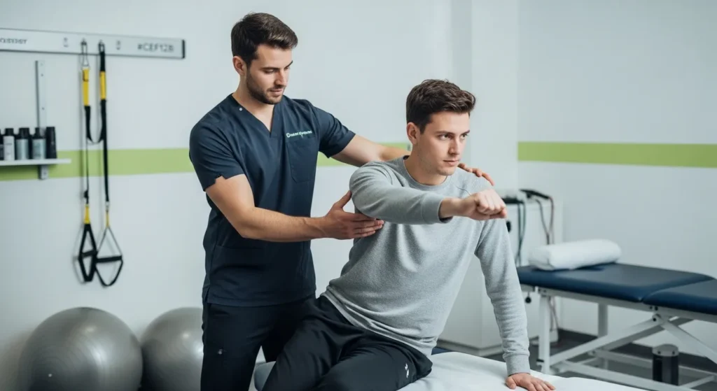 Male physiotherapist assisting a male patient with rehabilitation exercise on a treatment bed in a modern physiotherapy clinic